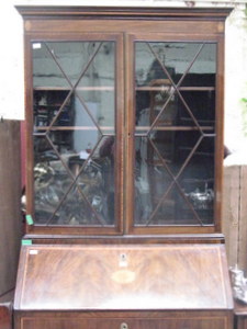 ANTIQUE MAHOGANY INLAID BUREAU BOOKCASE WITH ASTROGAL GLAZED DOORS