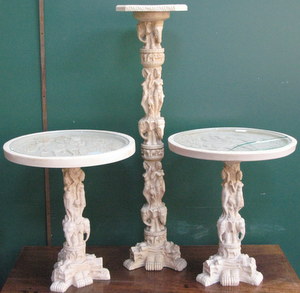 TWO INDIAN STYLE OCCASIONAL TABLES PLUS SIMILAR TORCHERE STAND