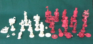 VINTAGE CARVED IVORY PART PUZZLE BALL CHESS SET (SOME AT FAULT)