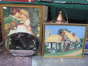 SMALL OVAL WALL MIRROR, FRAMED EMBROIDERED PICTURE AND FRAMED JIGSAW