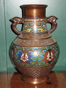 BRONZE EFFECT ORIENTAL STYLE TWO HANDLED VASE WITH ENAMELLED DECORATION