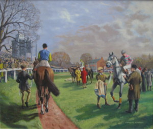 CHARLES MORGAN, FRAMED OIL ON CANVAS- STEEPLECHASE MEETING, APPROXIMATELY 62.5cm x 75cm