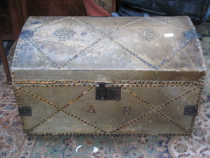 EARLY HORSE HAIR AND BRASS STUDDED TRAVEL TRUNK WITH DOMED TOP