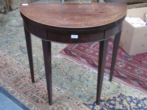 STRING INLAID MAHOGANY HALF MOON FOLD OVER GAMES TABLE