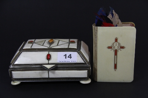 A bone and gilt metal Bible box containing a celluloid covered Bible