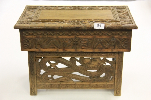 An early 20th century Chinese carved hardwood folding table H 31cm x 45cm x 30cm