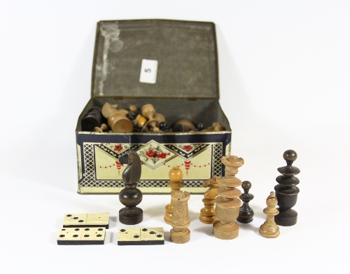 A quantity of old wooden chess pieces etc