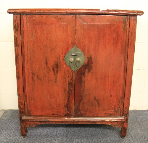 A Chinese 19th/ early 20th century painted elm 2 door cabinet, 81cm x 92cm x 38cm