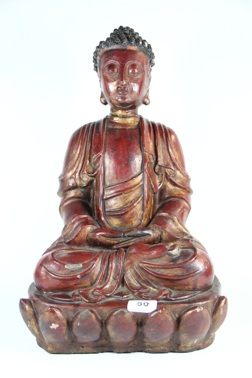 A Chinese lacquered and gilt papier mache and clay figure of a seated Buddha H 49cm (A/F)