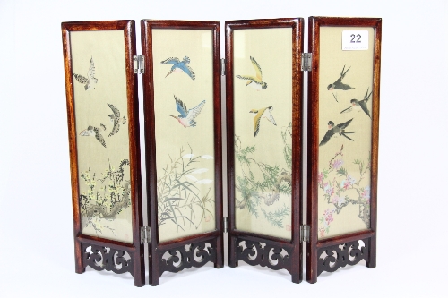 A small 4 panel screen with 8 hand painted silk panels H 30cm