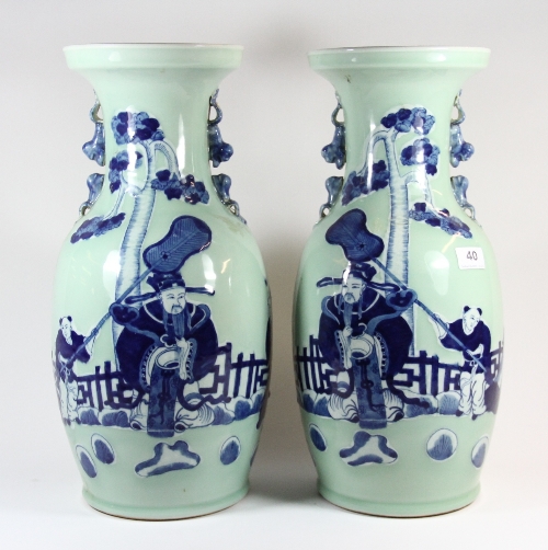 A pair of Chinese hand painted and celadon glazed porcelain vases 19th/early 20th century H 46cm