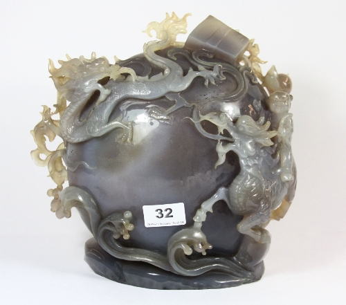 A superb Chinese large carved agate figure of dragons containing a bubble with water H 26cm