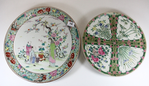 2 late 19th century Chinese hand enamelled porcelain chargers Dia 37cm & 31cm (both slightly A/F)