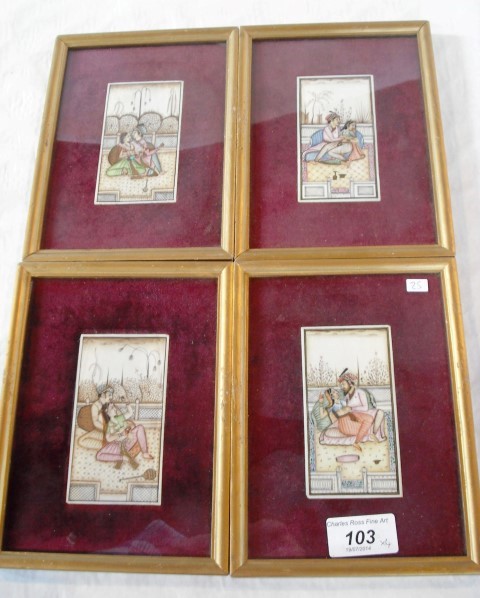 A set of four gilt framed and glazed Indian portrait miniatures, probably on ivory, each of a