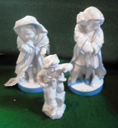 A pair of 19th century German Blanc De Chine and blue highlighted figurines, each fashioned as a