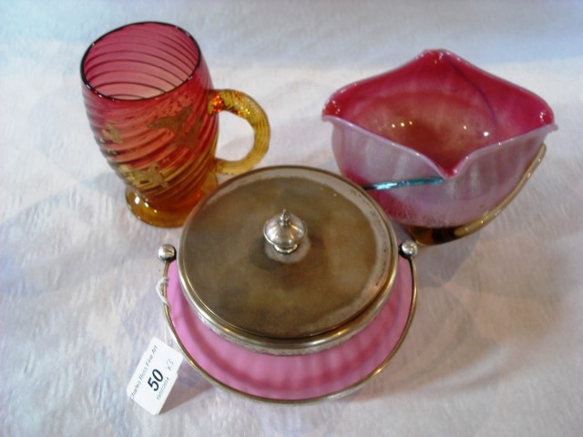 A gilt decorated ruby glass tankard, a pink satin glass pots with plated mounts, together with a