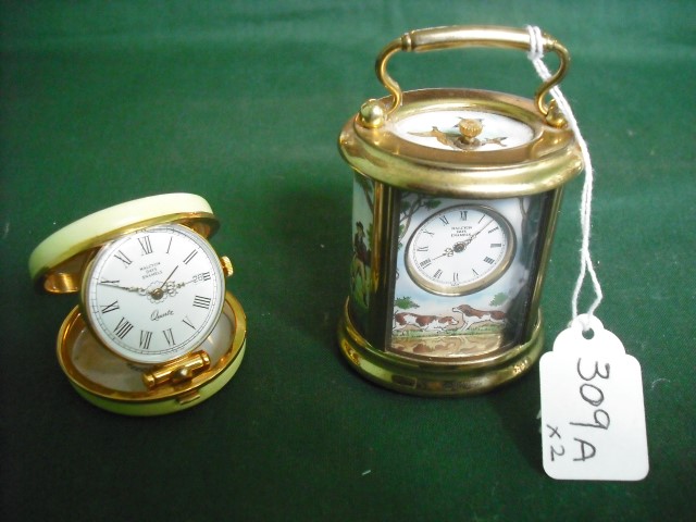 A Halcyon Days miniature carriage timepiece, enamel decorated with hunting scenes, named James