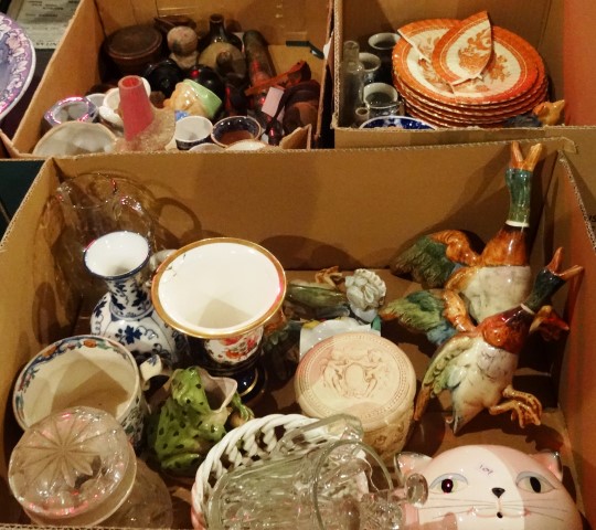 Three boxes of various items, including a treen snuff box fashioned as a toad, articulated wooden