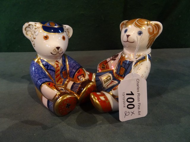 Two Royal Crown Derby paperweights, each with gold stopper, School Girl Teddy and School Boy Teddy.
