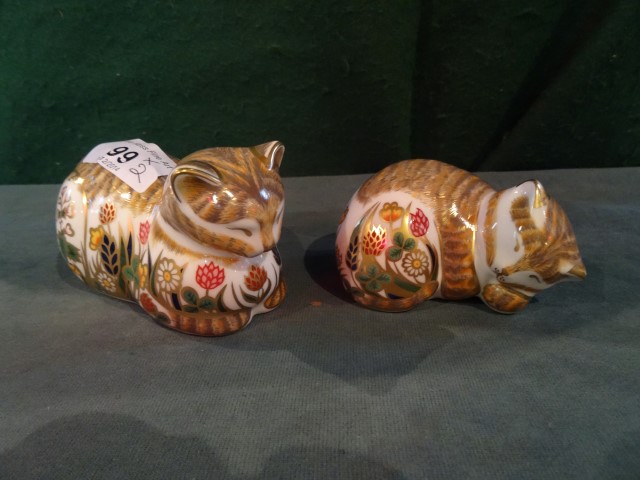 Two Royal Crown Derby paperweights, each with gold stopper.  Cottage Garden Kitten and Cottage