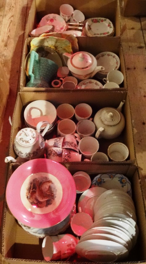 Four boxes containing part-tea services, collectors and other plates, a Victorian tazza transfer