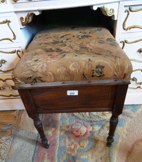 A 19th century rosewood, inlaid and strung piano stool, the tapestry upholstered rising seat above a