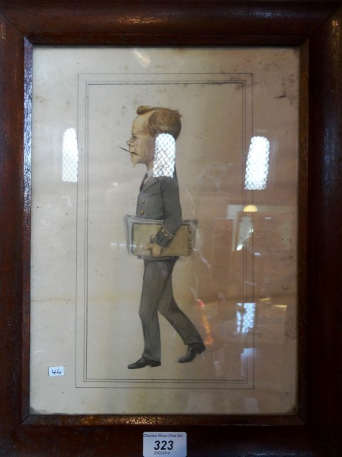 Edwardian English school, study of a clerk walking with pen in mouth and files under arm in a grey