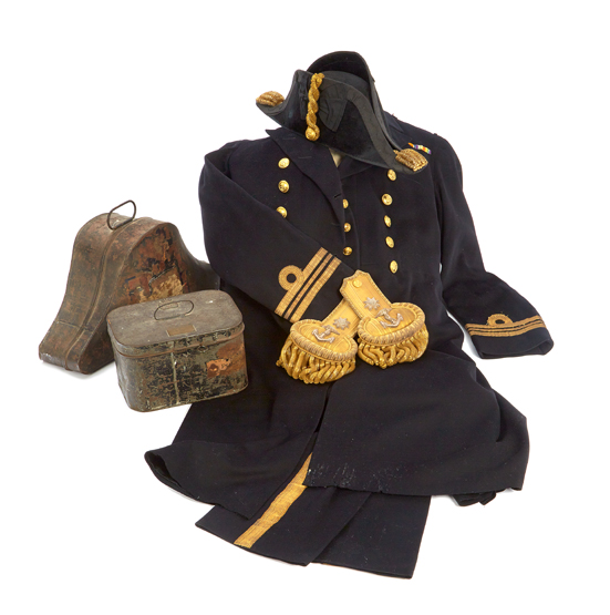 A LIEUTENANT COMMANDER’S UNIFORM FOR THE ROYAL NAVY, CIRCA 1930, comprising cocked hat with