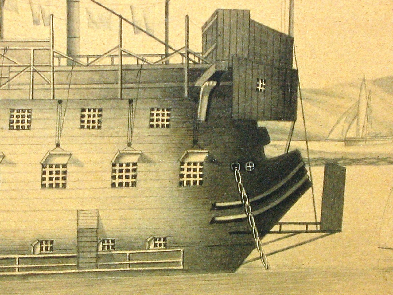 FRENCH PRISONER SCHOOL, CIRCA 1812, A Prison Hulk anchored in the Medway with a Man of War beyond, - Image 6 of 6