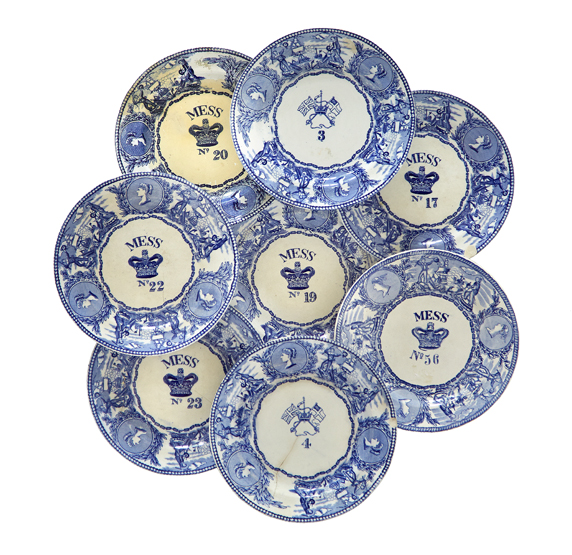 A QUANTITY OF 19TH-CENTURY BOVEY TRACEY BLUE AND WHITE MESS PLATES, ‘young head’ pattern for mess