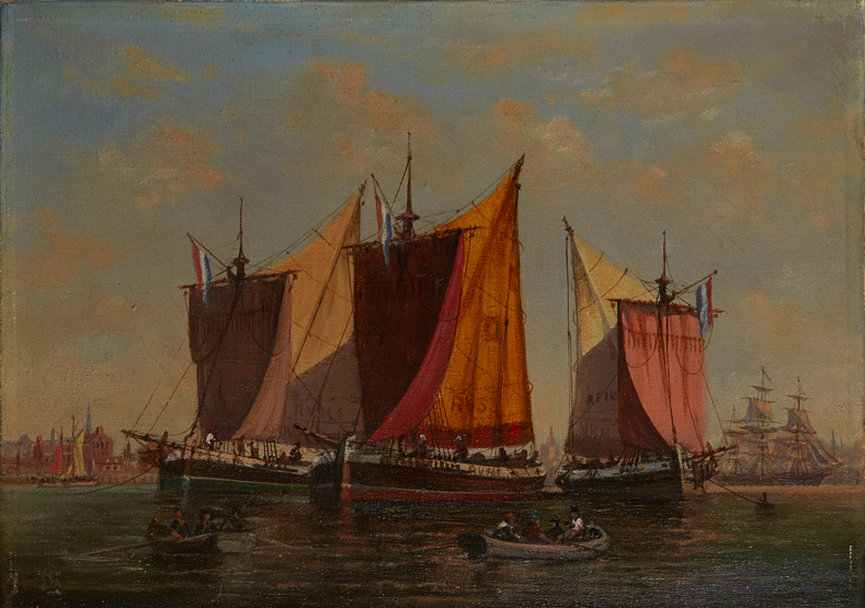 d DENZIL SMITH (BRITISH, 20TH-CENTURY), Dutch fishing boats preparing to raise anchor, Signed with