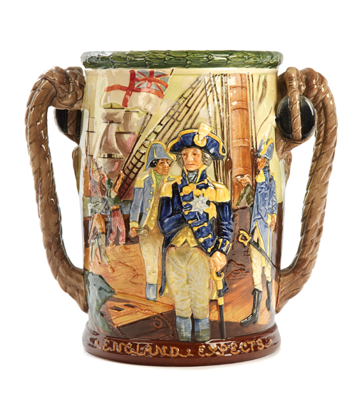 A LARGE LIMITED EDITION 150TH TRAFALGAR ANNIVERSARY COMMEMORATIVE TYG BY ROYAL DOULTON, with