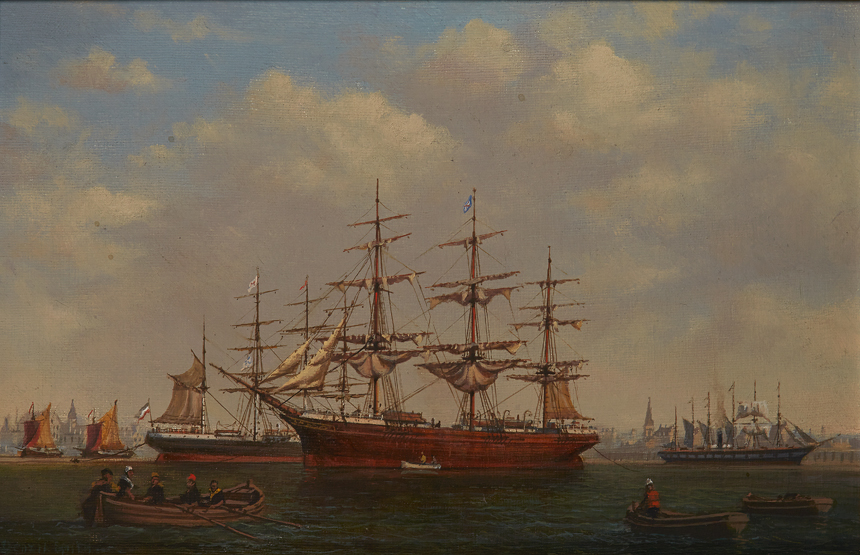 d DENZIL SMITH (BRITISH, 20TH-CENTURY), Ships at anchor in a Dutch port, Signed ‘Denzil Smith’ (
