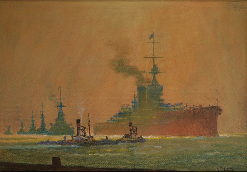 d GEORGE AYLING (BRITISH, 1887-1960), A squadron of Battleships coming to anchor, Signed ‘G.E.O.