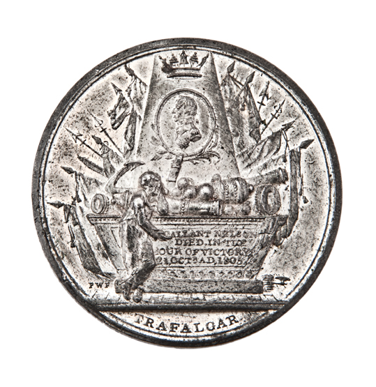 A WHITE METAL MEDALLION COMMEMORATING THE DEATH OF NELSON, after Wyon (Hardy 65), contained in an