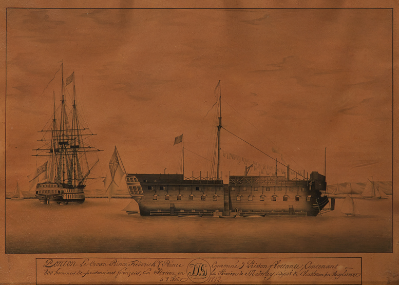 FRENCH PRISONER SCHOOL, CIRCA 1812, A Prison Hulk anchored in the Medway with a Man of War beyond,