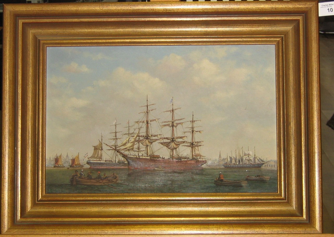 d DENZIL SMITH (BRITISH, 20TH-CENTURY), Ships at anchor in a Dutch port, Signed ‘Denzil Smith’ ( - Image 2 of 5
