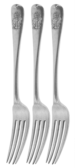 THREE RARE SILVER ADMIRALTY-PATTERN FORKS FROM THE R.Y. VICTORIA & ALBERT II, with assay marks for