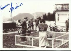 Rochus Misch signed 6 x 4 rare b/w photo of Hitler in the garden at Berchtesgaden with Eva Braun,