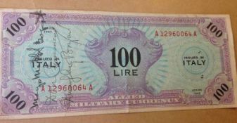 Humphrey Bogart signed 100 Lira notes 1943. signed 100 lira, Signed by both Bogart, plus his wife at