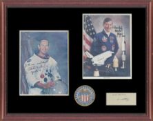 Apollo 16 crew signed presentation. Framed presentation comprising Moonwalkers John Young &
