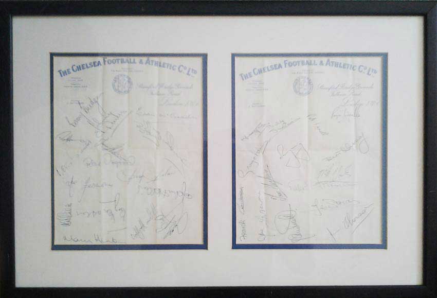 1960s Chelsea Signed presentation. Two autographed Chelsea FC letterheads signed by 28 legends,