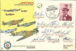 Spitfires of Battle of Britain Memorial flight cover flown and signed by 9 members inc Sqn Ldr Raw