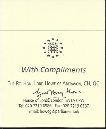 Geoffrey Howe signed Complement card. Good condition