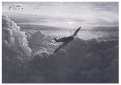 Battle of Britain pilots signed photo. Stunning 16 x 20 b/w Spitfire in flight photo signed by