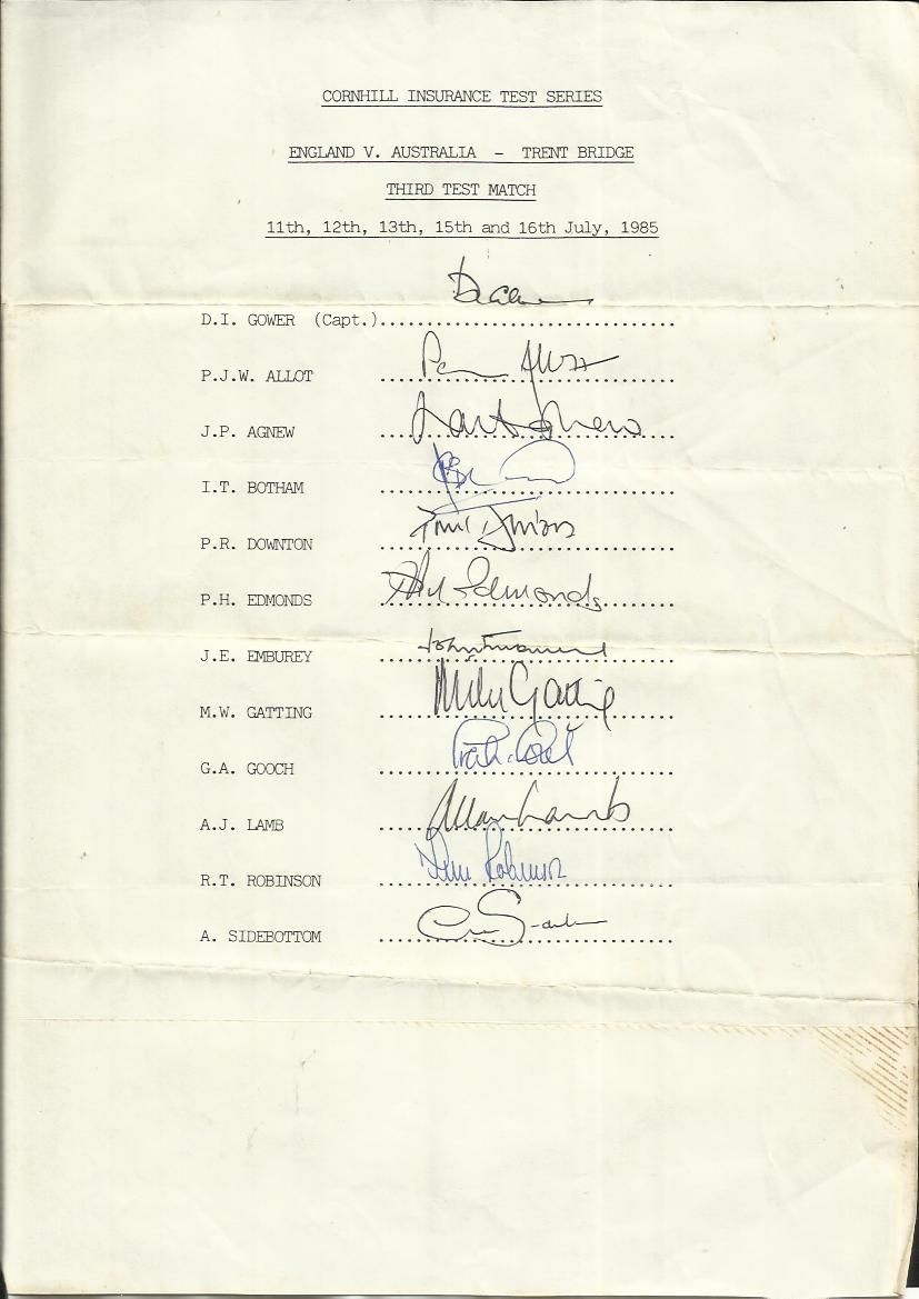 England cricket team sheet signed for third test match against Australia in 1985. Signed by Gower,