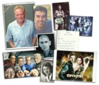 Collection of over 20 TV Music and sport signed items including photos, compliment slips, letters.