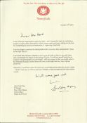 Geoffrey Howe collection consisting of 6 report pages signed and 1 letter on House of Lords headed