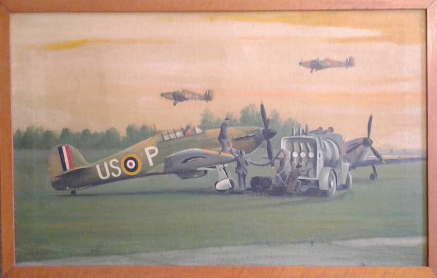 ? Battle of Britain Hurricanes 1940s Oil Painting on canvas. Framed original of Hurricane P3055 re-