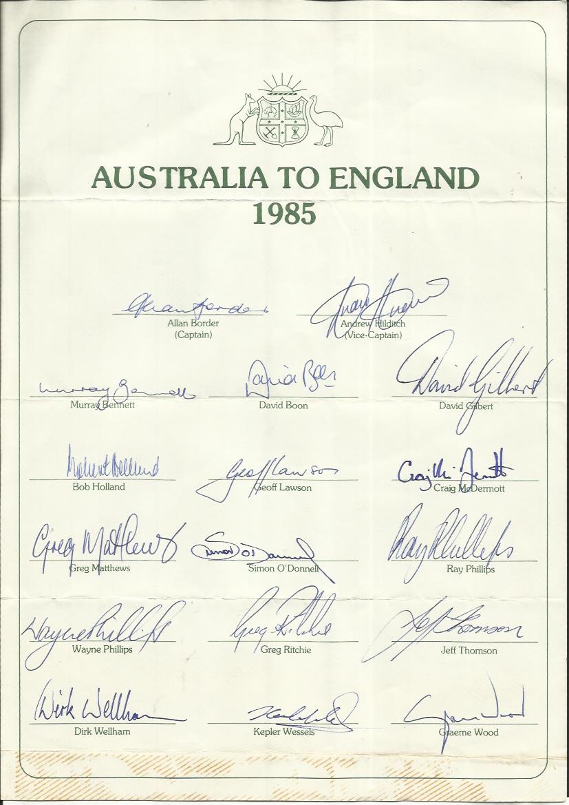 Australian cricket team sheet signed for tour against England in 1985. Signed by Border, Hilditch,